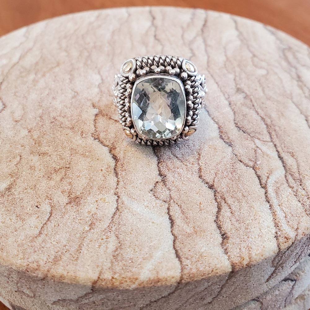 Artisan Crafted Sterling Silver with 18K Gold Detail Mint Quartz Sz 6 Ring